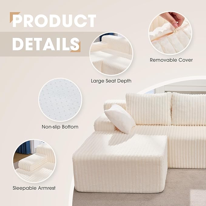 Hobestluk Modular Sectional Sofa Couches L-Shape Couch 3 Seat Modular Sofa Memory Foam Sectional Couches for Living Room, Cloud Couch with Oversized Chaise (96" Left Facing Chaise)
