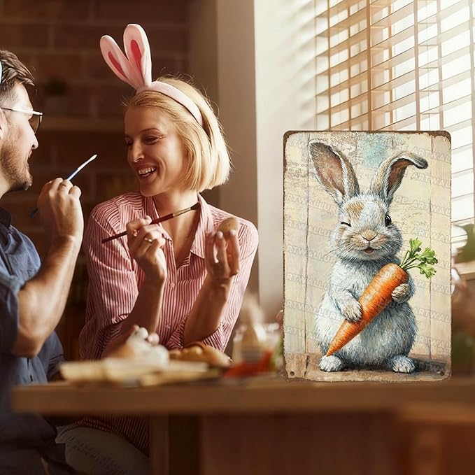 Charming Easter Bunny Metal Sign Vintage Bunny Carrots Rustic Farmhouse Wall Art For Spring Home Decor Living Room Bedroom Kitchen 8x12Inch