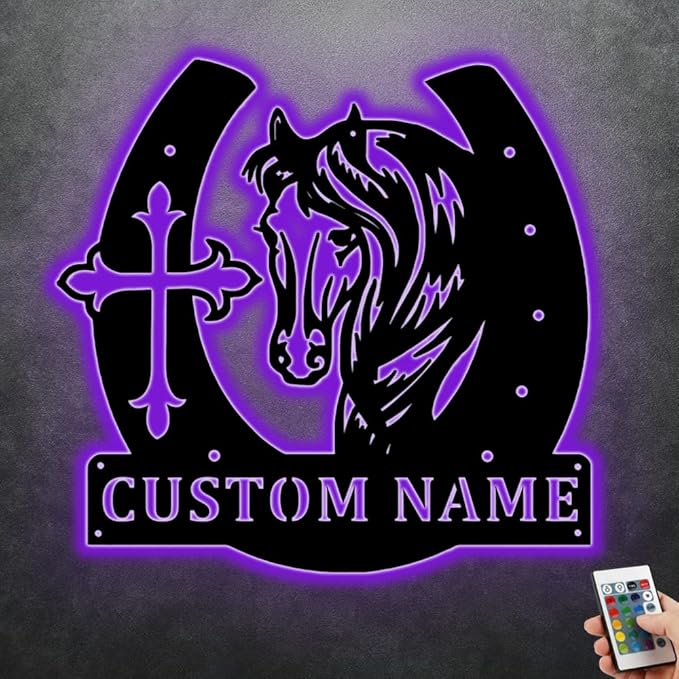 Personalized Name Horse Lamp Custom Wooden/Metal Horse Night Light Horse Wall Art LED Horse Light Farmhouse House Sign Horse Themed Gifts for Girl Birthday Christmas(Cross Horse Sign)