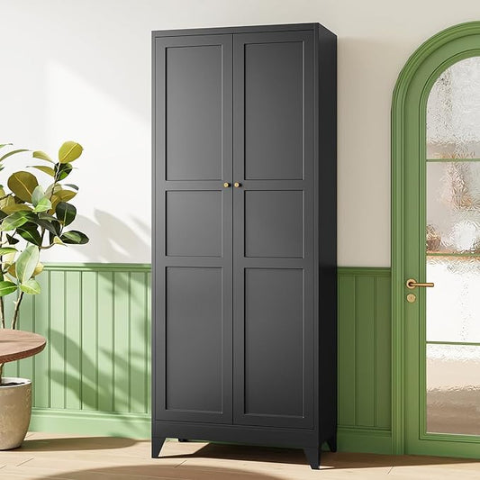 Letaya 75" H Metal Storage Cabinet with 2 Doors and 4 Shelves,Tall Kitchen Pantry Cabinets,Farmhouse Utility Pantry Organizers for Cupboard/Dining/Bathroom/Home Office/Garage Room,Black
