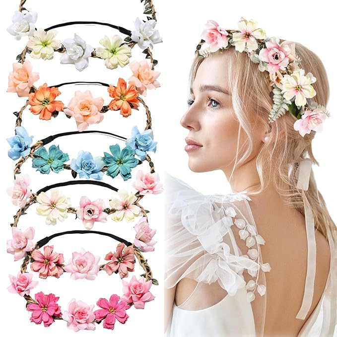 Women Headpieces Collection Accessories 6 PCS Boho Hair Wreaths, Flower Crowns, Tiaras for, Brides, Bridesmaids, Flower Girls, Weddings