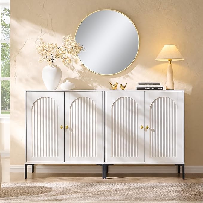 Modern Buffet Cabinet with Storage, 61.75" W Fluted Arched Sideboard Cabinet w/Adjustable Shelves, Wooden Modular Coffee Bar for Dining Room, Kitchen, Living Room, Entryway, White