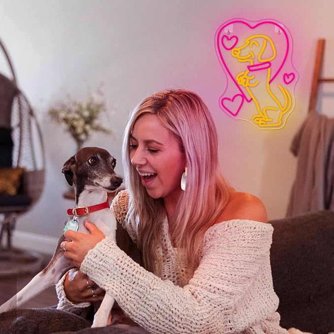 NOSUN Love Dog Neon Sign for Wall Decor Dachshund Pink Led Light Sign for Pet Shop Bedroom Wall Home Party Decor Accessory Gift for Dog Lover Bar Party Club Bedroom Gaming Room Men Cave Decorations Christmas Gift