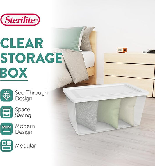 Sterilite 16 Pack Storage Box, 90 Quart Stackable Tote, Clear Plastic Container with Secure Snapping Lids for Home and Office Organization, White