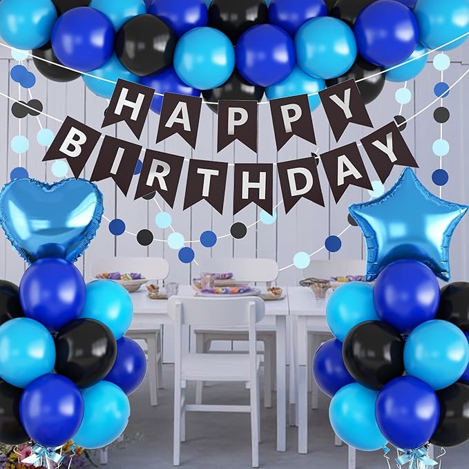 Blue and Black Birthday Party Decorations for Boys Men Royal Blue Black Balloon Set with Star Heart Foil Balloons Happy Birthday Bunting Banner Garland Navy Dark Light Baby Game Theme Party Decor Kit
