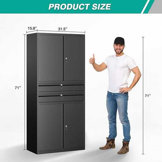 SISESOL Metal Storage Cabinet with Drawer and Locks,Black Garage Storage Cabinet with Locking Doors and Adjustable Shelves,71" Tall Large Metal Cabinets with Magnetic Door for Home,Office,Garage