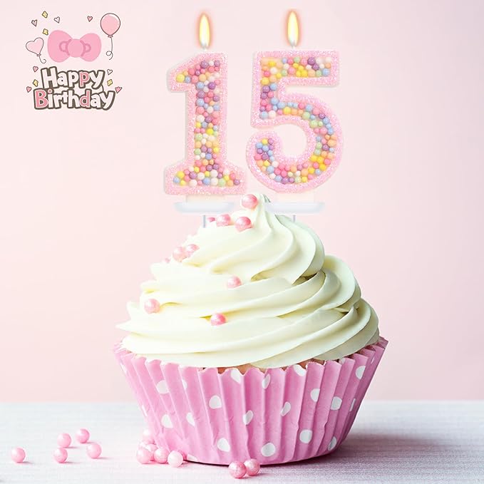 Birthday Candles - Number 15 Candle, Colorful Macaron Candles, 15 Birthday Decorations for Girls, Sweet Cake Decorations, Sweet Theme Party Supplies (Pink)