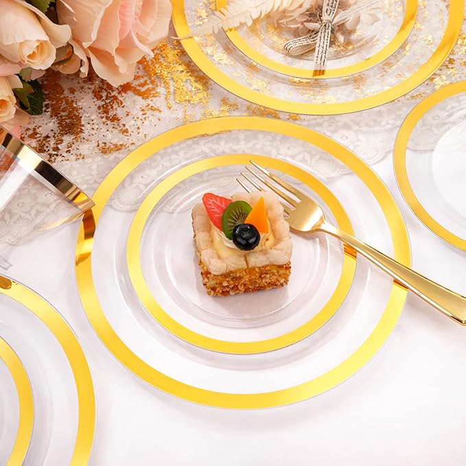 Liacere 350PCS Clear Gold Plastic Plates for 50 Guests Dinnerware Include 100 disposable Plates 150 Gold Silverware 50Napkins for Party & Wedding & New Year & Christmas
