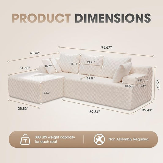Hobestluk Modular Sectional Sofa Couches L-Shape Couch 3 Seat Modular Sofa Memory Foam Sectional Couches for Living Room, Cloud Couch with Oversized Chaise (96" Left Facing Chaise)