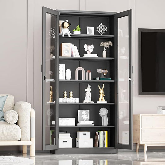 VINGLI Lockable Display Cabinet with Glass Doors & 5 Adjustable Shelves, 71" Tall Black Metal Storage Cabinet Curio Liquor, Bookshelf Bookcase for Home Office Living Room Pantry Garage