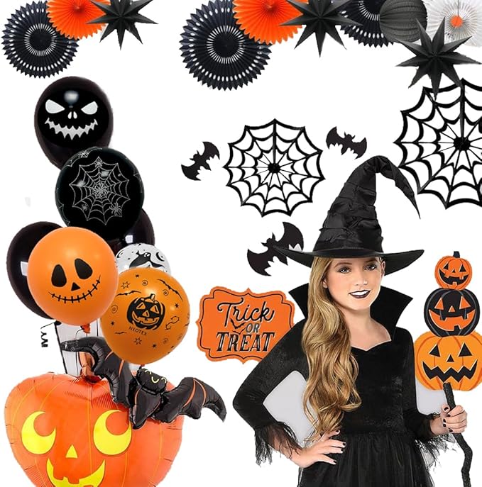 Halloween Decoration Balloons, 50pcs 12 Inch Black Orange White Halloween Balloons Bat Spooky Pumpkin Spider Web Halloween Balloons for Halloween Party Decoration Outdoor Home, Yard Backdrop Party