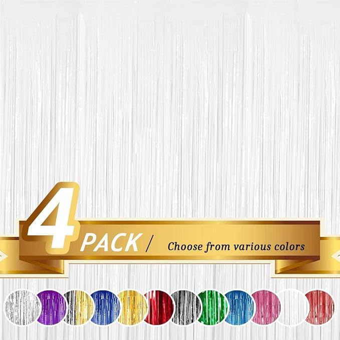 BTSD-home White Foil Fringe Curtain, Metallic Photo Booth Backdrop Tinsel Door Curtains for Wedding Birthday Bridal Shower Baby Shower Bachelorette Christmas Party Decorations(4 Pack, 12ft x 8ft)