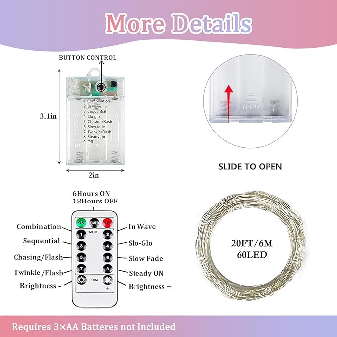 4 Pack Multicolor Fairy Lights Battery Operated with Remote, Waterproof 20FT 60LED Cuttable Twinkle Lights with Timer Indoor Outdoor, String Light for Bedroom, Classroom, Wedding, DIY, Christmas Décor