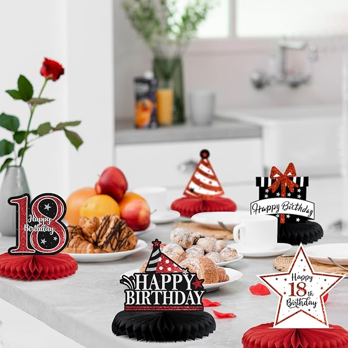 Happy 18th Birthday Decorations,18th Birthday Red Glitter Shiny Stand Honeycomb Table Centerpieces - Cheers to Eighteen Years Old Birthday Party Photoprop Gift Sign.