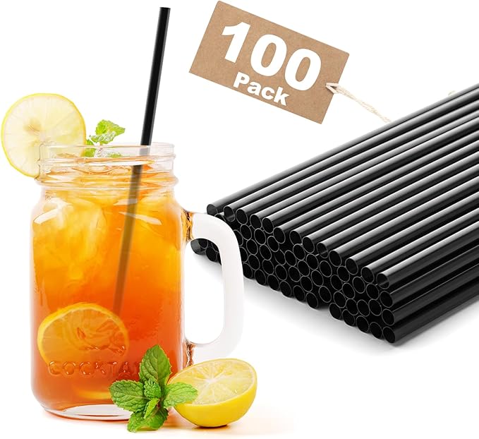 100 PCS Black Plastic Disposable Drinking Straws – 7.75" x 0.24", Unwrapped Straws Plastic for Party, Home, Travel – BPA-Free, Value Pack