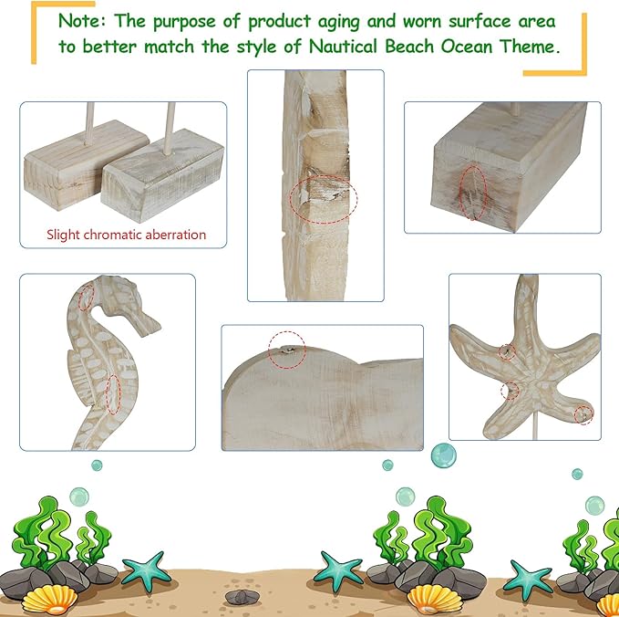 3pcs Wood Handmade Beach Nautical Style Figurines Starfish/Conch/Seahorse Statue Home Decor