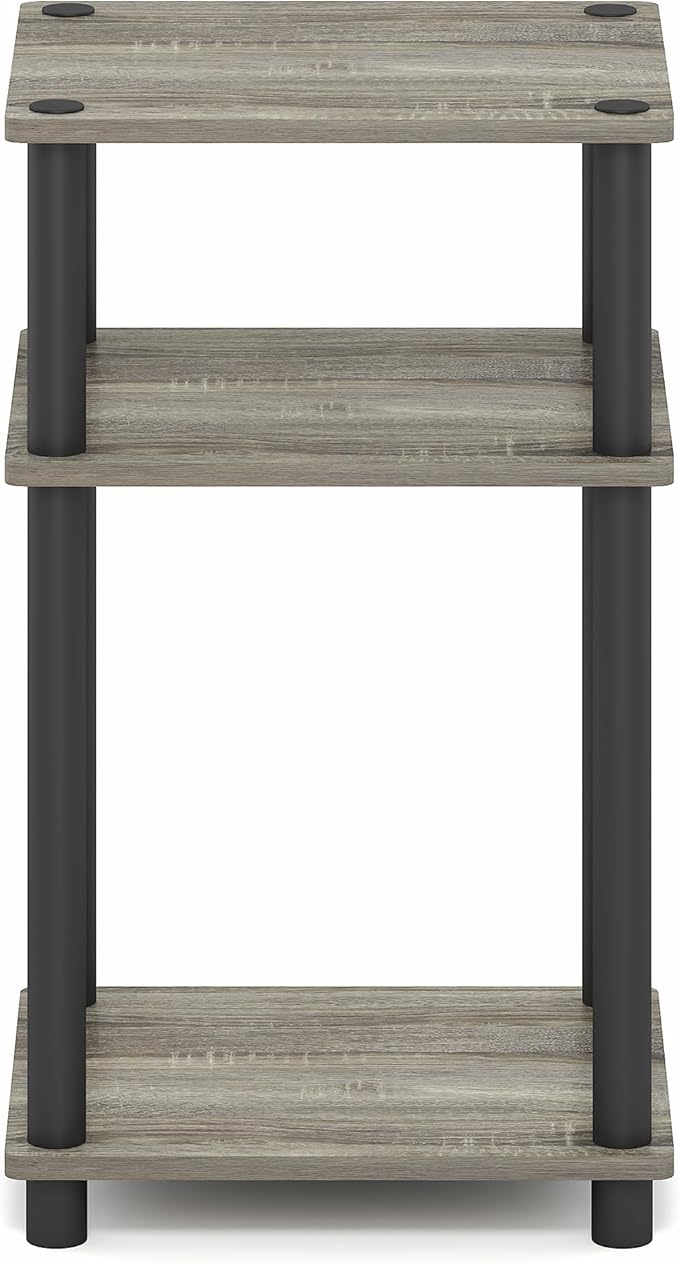 Furinno Turn-N-Tube Side Table, 3-Tier End Table with Open Shelf, Toolless Assembly Night Stand, Bedside Table, for Living Room, Bedroom, Grey Oak