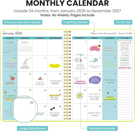 Monthly Planner 2026-2027, 2 Year Months Calendar Planner 2026-2027, Runs from January 2026 - Decembe 2027, 7" x 10", 24 Months, Perfect for School Office Home Planning - Lemon Yellow