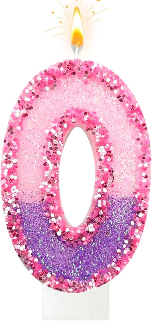 Birthday Number Candles for Cake, Pink Purple Glitter Number Candles for Cake Toppers, Ideal Birthday Parties Cake Decor, Wedding Anniversary and Other Celebrations (0 Candle)