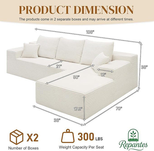 108" L Shaped Boneless Sectional Couches for Living Room, Comfy Corduroy Floor Cloud Sofa with Chaise, Wide Armrest, Deep Seat, Memory Foam, Assembly Free, Ideal for Small Spaces, White