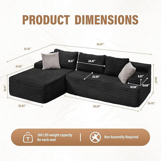Hobestluk Modular Sectional Sofa Couches L-Shape Couch 3 Seat Modular Sofa Memory Foam Sectional Couches for Living Room, Cloud Couch with Oversized Chaise (96“, Left Facing)