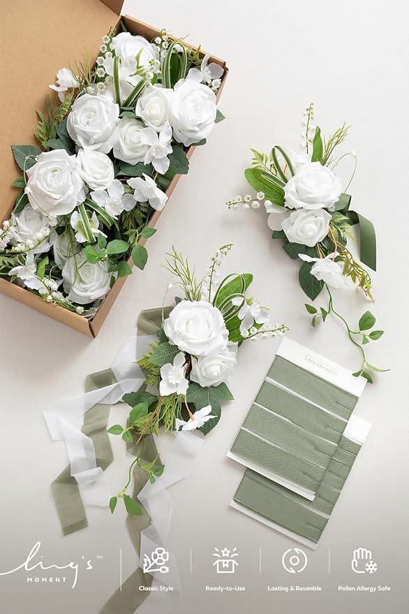 Ling's moment 8 Wedding Artificial Aisle Pew Flowers Chair Decorations Arrangements with Chiffon Ribbons Lily White for Ceremony Reception Chair Back Floral Decor Reception Church Party Outdoor
