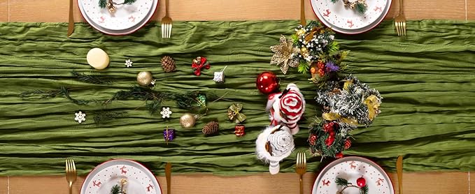 Olive Green Cheesecloth Table Runner Christmas Table Runner Boho Gauze 120 Inches Green Cheese Cloth Table Decora for Xmas Holiday Season Parties Wedding Bridal Baby Shower Tea Party