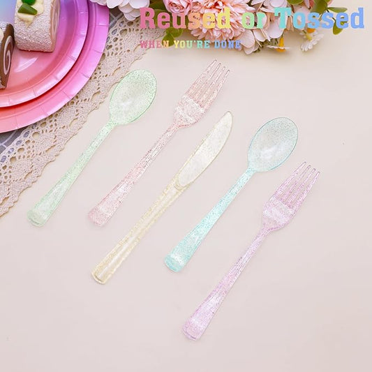 150 PCS Clear Pastel Plastic Silverware Disposable Pastel Utensils Set Heavy Duty Includes 50 Forks 50 Knives 50 Spoons for Birthday Wedding Baby Shower, Tea Party