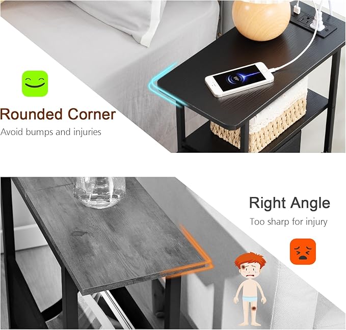 Narrow Nightstand with Charging Station, End Tables Living Room Set of 2, Skinny Side Table with Fabric Drawers, Small Sofa Table with LED Light for Bedroom, Black, HETNDP02LBK