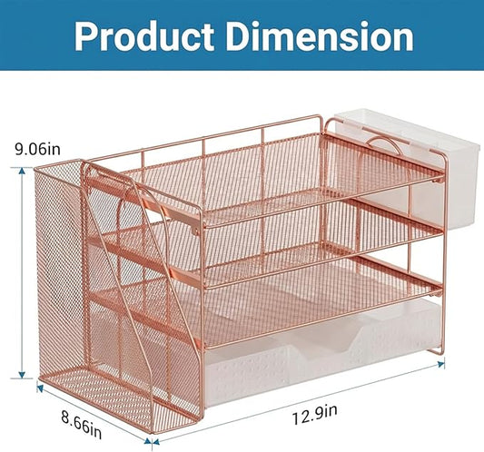 Desk Organizer, 4-Tier Paper Organizer Letter Tray with File Holder, Drawer and 2 Pen Holders, Desktop File Organizer for Office Supplies, Workspace Storage, Rose Gold
