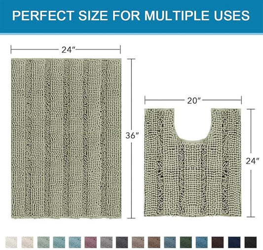 H.VERSAILTEX Bathroom Rug Sets 2 Piece Bath Mats Non Slip Thick Soft Chenille Striped Bath Rug achine Washable Shower Floor Rugs for Tub, Shower and Floor (Eucalyptus Green, 36"x24" Plus 20"x24" U)