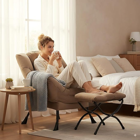 LITA Lazy Chair with Ottoman, Modern Accent Leisure Upholstered Sofa Chair, Contemporary Lounge Reading Chairs with Armrests and a Side Pocket for Living Room, Bedroom & Small Space, Dark Brown