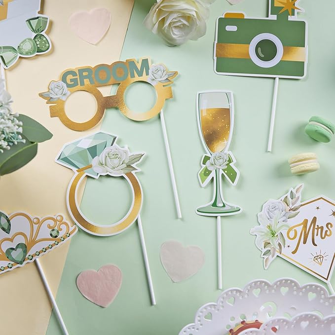 SUNBEAUTY 38 PCS Sage Green Wedding Photo Booth Props,Bridal Shower Photo Props, Engagement Party Decorations, Wedding Decorations for Ceremony Outside, Wedding Party Supplies for Girls