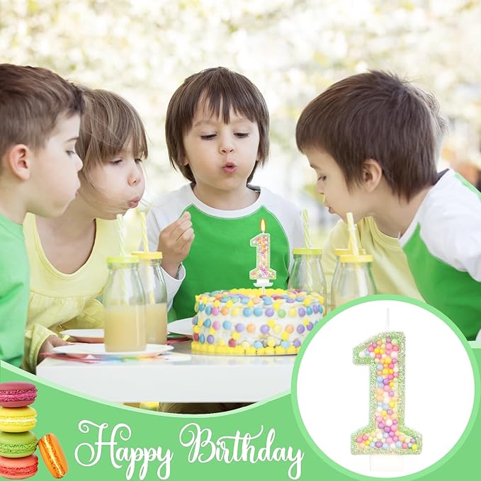 Birthday Candles - Number 1 Candle, Colorful Macaron Candles for Boys/Girls, Green Cake Decorations, Dinosaur Themed Party Supplies