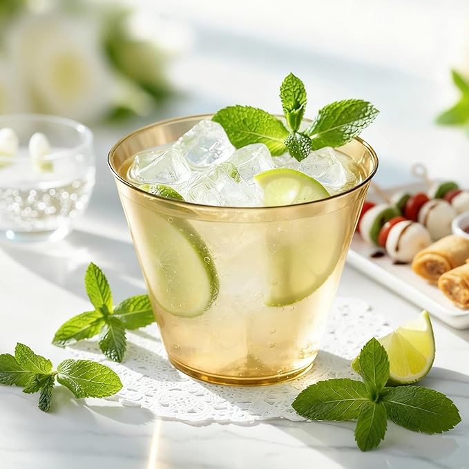 150 Pack Plastic Cups 9 oz Gold Clear Plastic Cups for Cocktail Fancy Disposable Cup for Party Stemless Wine Glasses for Wedding Thanksgiving Christmas Party Graduation