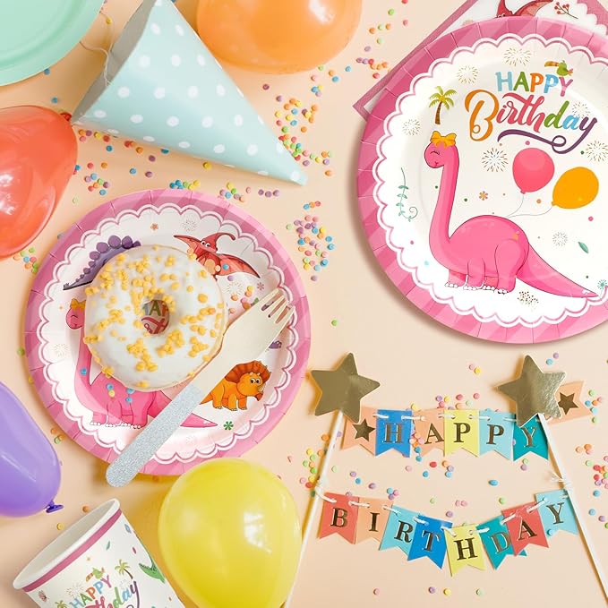 96pcs Pink Dinosaur Birthday Plates, Dinosaur Themed Paper Plates and Napkins,Cups Disposable Tableware Set for 24 Guests Baby Shower Picnic Kids Girls Birthday Party Supplies Decorations