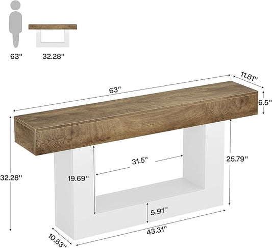 Tribesigns 63" Console Table, Farmhouse 2-Tier Entryway Table with U-Shaped Base, Narrow Long Wood Sofa Table Behind Couch Table for Living Room, Hallway, Foyer, Light Brown & White