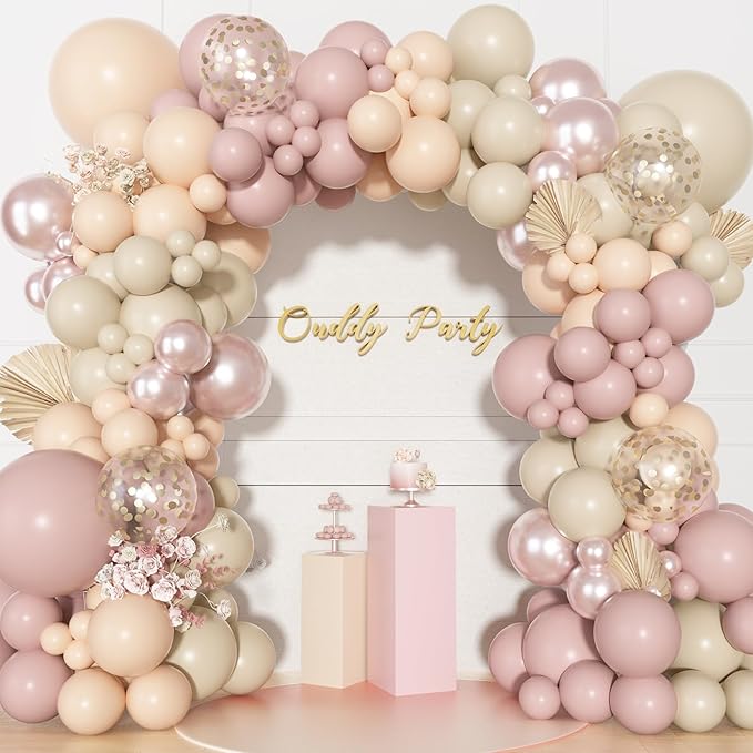 Ouddy Party Boho Dusty Pink Balloons Garland Arch Kit, Different Sizes 18 12 10 5 Inch Pastel Pink Sand White Pearl Latex Confetti Balloon for Baby Bridal Shower Birthday Women Girls Party Decorations