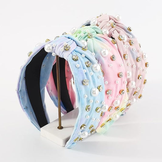 JILIYUPA Pearl Rhinestone Tweed Headband, White blue, Sparkle Luxury Knotted Vintage Embellished Crystal Rhinestone Hairband for Women and Girls