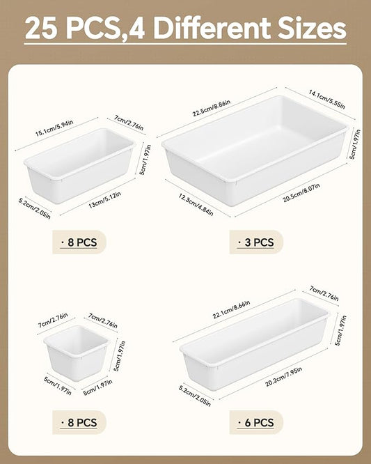 25 PCS Plastic Drawer Organizers Set, 4 Sizes Vanity Organizer, Makeup and Desk Drawer Organizer Trays, Organization and Storage for Makeup, Bathroom, Kitchen Utensils and Office (White)