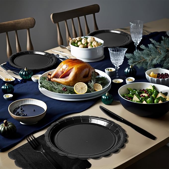 Vyntra 350 PCS Disposable Plates for Party, Paper Plates & Napkins Set with Cups, Knives, Forks, Spoons, 7'' Dessert and 9'' Dinner Plates for Birthday, New Year’s Eve, Graduation - Black
