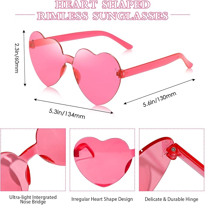 SUNOVELTIES 18 Heart Shape Rimless Sunglasses Transparent Candy Color Party Glasses Colored Eyewear for Women