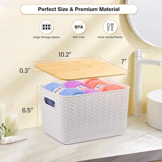4 Packs Storage Bins with Bamboo Lids - Plastic Storage Containers with Lids Stackable Storage Box:Storages Baskets for Organizing Desktop Closet Playroom Classroom Office,White