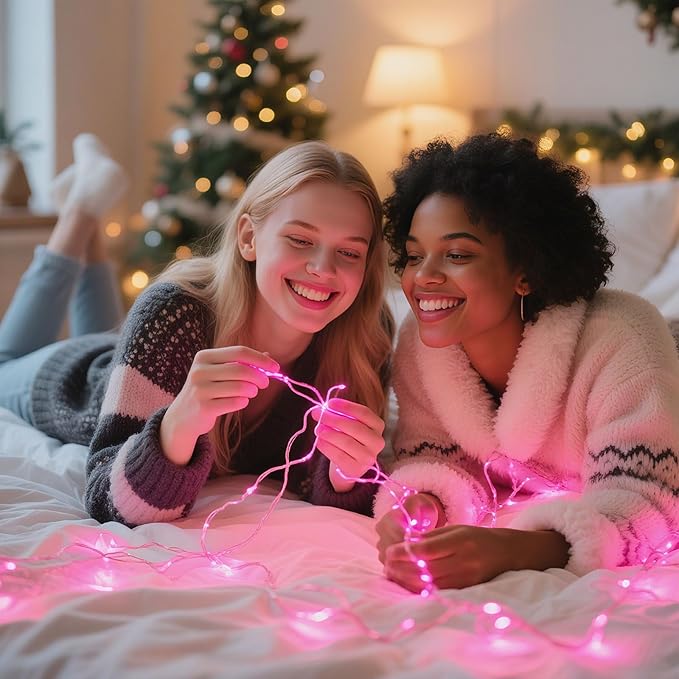 4 Pack 240LED Christmas Fairy Lights Battery Operated - 20FT Twinkle Lights with 2 Lighting Modes Indoor Outdoor, Waterproof Led Fairy String Lights for Bedroom, Wedding, Dorm, DIY Decor, Pink