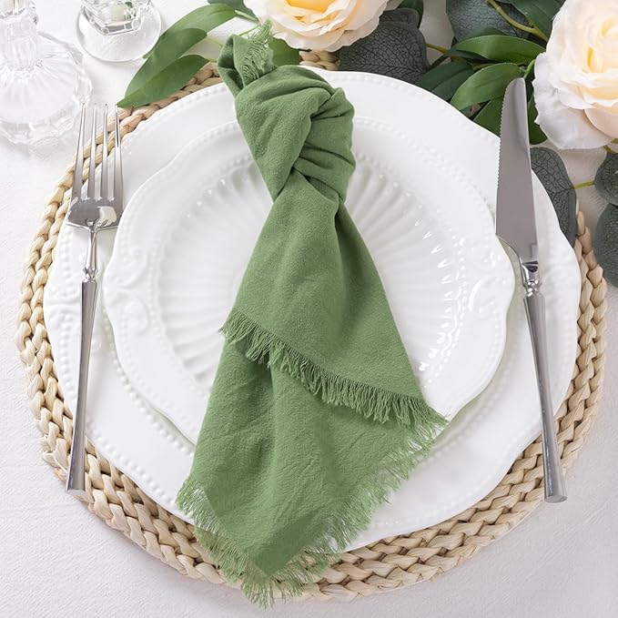 12 Pack Sage Green Cotton Linen Napkins with Fringe Christmas Cloth Napkins Set of 12 Boho Handmade Holiday Napkins Bulk for Wedding Baby Shower Xmas Dinner Table Parties, 17 x 17 Inches