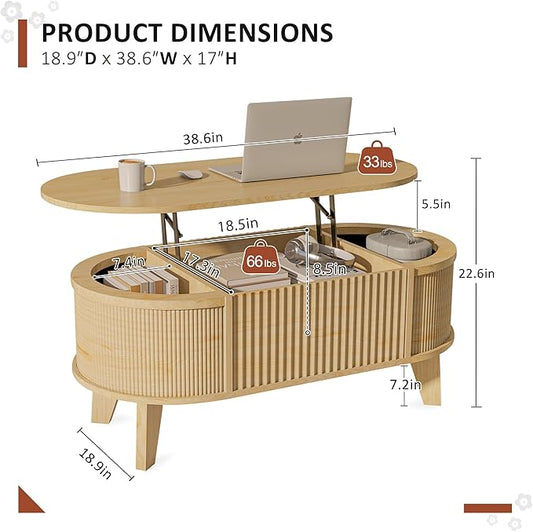 LYNCOHOME Fluted Lift Top Coffee Table with Storage,Modern Oval Coffee Table for Living Room Or Home Office(Natural)