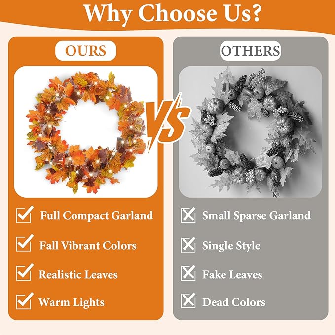 6FT Fall Decor, Fall Garland with Lights for Mantle, Fall Decorations for Home, Realistic Fall Leaves Garland with Pine Berries Cone for Outdoor Indoor Porch Table Fireplace Thanksgiving Decorations