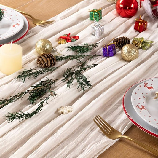 Ivory White Cheesecloth Table Runner Christmas Table Runner Boho Gauze 120 Inches White Cheese Cloth Table Decor for Xmas Holiday Season Parties Weddings Bridal Baby Shower