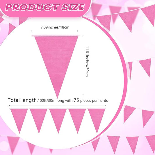 100 Feet Pennant Banners Flags 75 Solid String Triangle Flags for Grand Opening, Carnival Theme Birthday Party Decoration Outdoor Events Classroom Decoration(Pink)