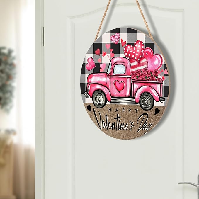 Valentines Day Door Sign for Front Door Farmhouse Pink Truck Hearts Wood Hanger 12"x12" Buffalo Plaid Check Heart Outdoor Outside Porch Decor Happy Valentines Wreath Pediment Plaque Wall Hanging